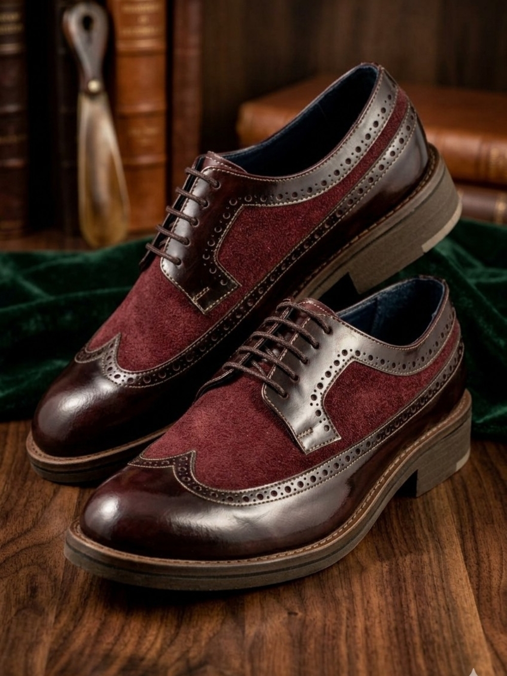NIB Baccus Shoemaker Burgundy Leather & Suede Wingtip Oxfords